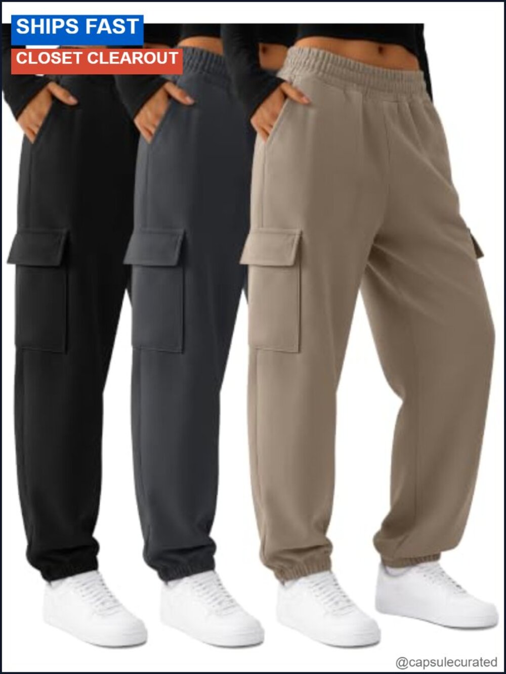 Cargo Joggers Sweatpants Baggy Loose Fit High Waist Cuffed 100% Polyester